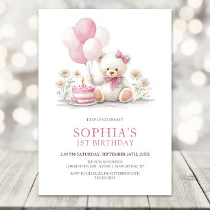 Invitación Oso de peluche niña con globos rosados cumpleaños
