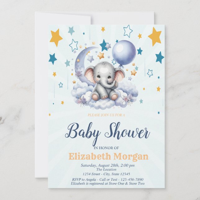 Invitación Oso de peluche, Nube de estrellas Luna Globo Cumpl (Anverso)
