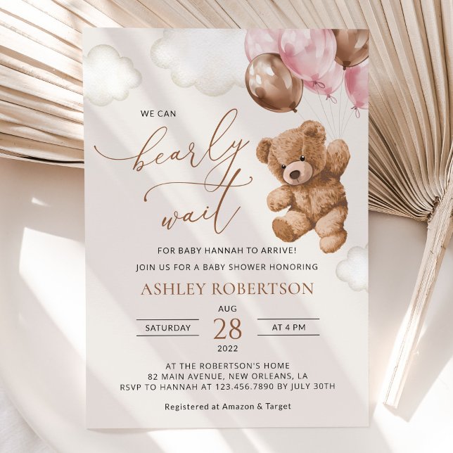 Invitación Oso de peluche, Oso de bebé, globos rosados, Baby  (Subido por el creador)