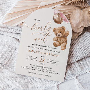 Invitación Oso de peluche, Oso de bebé, globos rosados, Baby 