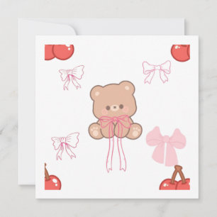 Invitación Oso de peluche pastel adorable lazo rosa estética
