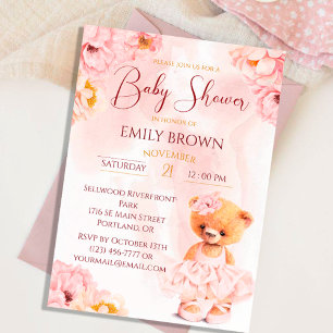 Invitación Oso de peluche pequeño - flor princesa acuarela