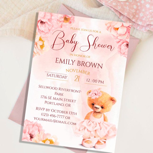 Invitación Oso de peluche pequeño - flor princesa acuarela (Subido por el creador)