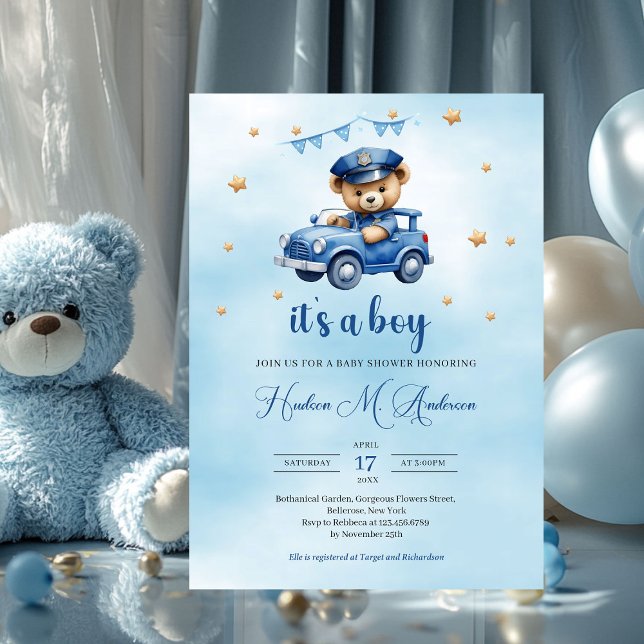 Invitación Oso de peluche policía niño bebé ducha (teddy bear policeman in car boy baby shower invitation)