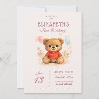 Invitación Oso de peluche primer cumpleaños coral floral