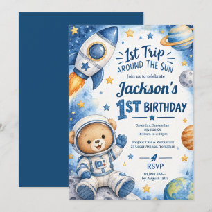 Invitación Oso de peluche primer viaje alrededor del sol cump