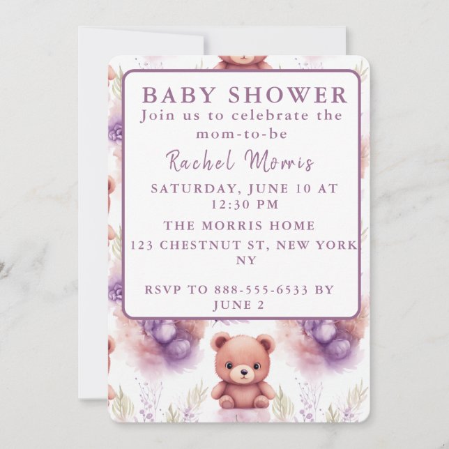 Invitación Oso de peluche púrpura y flores - Baby Shower (Anverso)