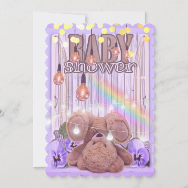 Invitación Oso de peluche purpurina luces moradas de bebé duc (Anverso)