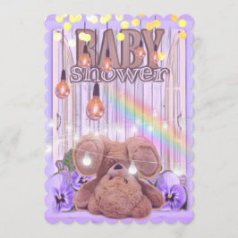 Invitación Oso de peluche purpurina luces moradas de bebé duc