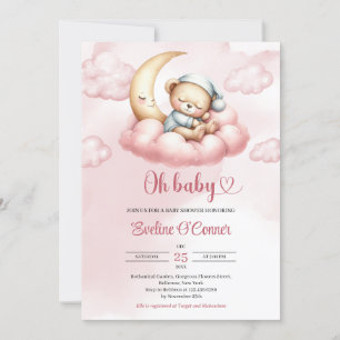 Invitación Oso de peluche rosa color agua durmiendo sobre la 