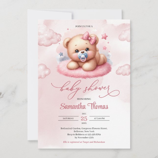 Invitación Oso de peluche rosa color de agua dulce con pacifi (Anverso)