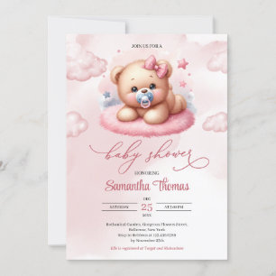 Invitación Oso de peluche rosa color de agua dulce con pacifi