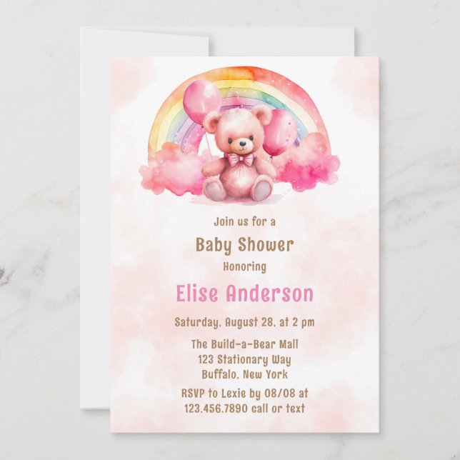 Invitación Oso de peluche rosa con Chica arcoiris Baby Shower (Anverso)