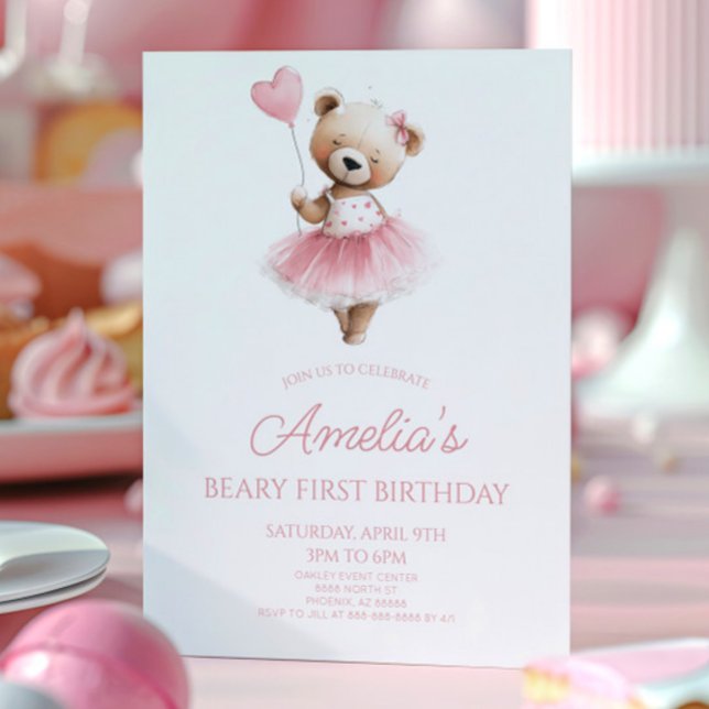 Invitación Oso de peluche rosa cumpleaños 1 primer año fiesta (Subido por el creador)
