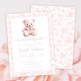 Invitación Oso de peluche rosa estampado floral bebé ducha