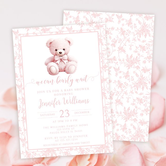 Invitación Oso de peluche rosa estampado floral bebé ducha (Subido por el creador)