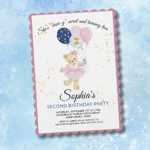 Invitación Oso de peluche rosa lindo cumple 2 años niña 