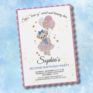 Invitación Oso de peluche rosa lindo cumpleaños niña 2 