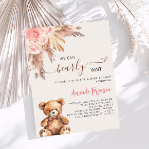 Invitación Oso de peluche rosa pampas pasto chica de bebé