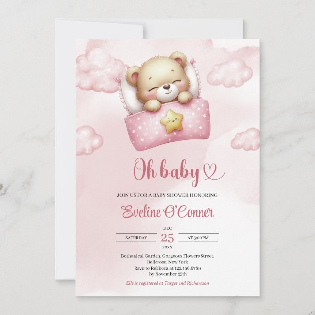 Invitación Oso de peluche rosa y chica de marfil polvoriento (Anverso)