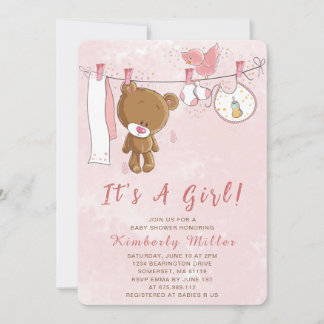 Invitación Oso de peluche rosado es un Baby Shower Chica