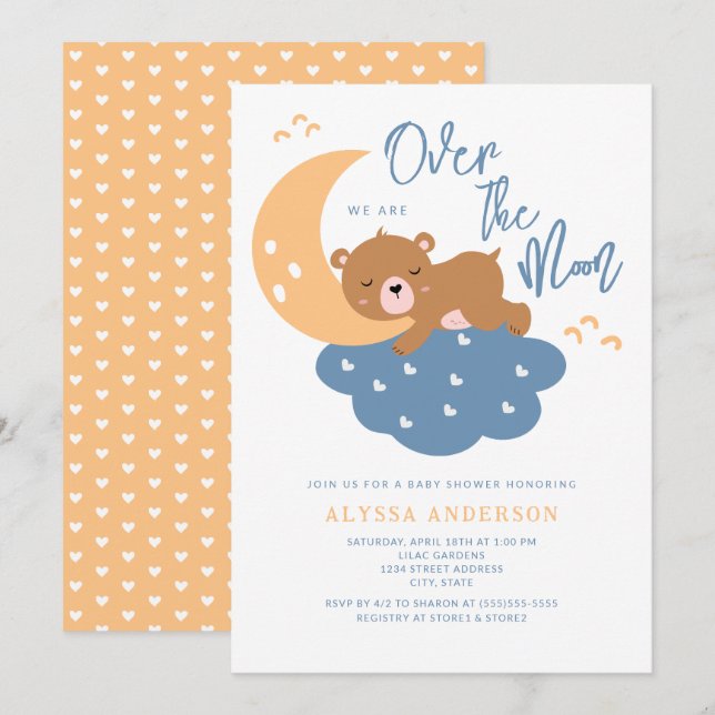 Invitación Oso de peluche sobre el Baby Shower de la luna (Anverso / Reverso)