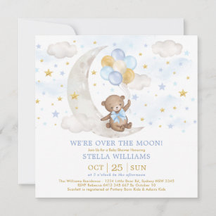 Invitación Oso de peluche sobre globos de oro azul lunar niño