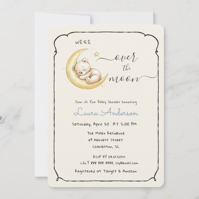Invitación Oso de peluche sobre la luna Baby shower (Anverso)