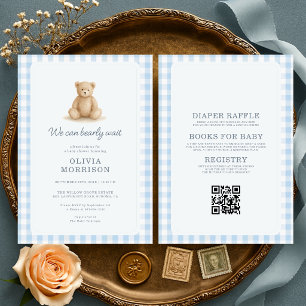 Invitación Oso de peluche todo en uno a cuadros azules Baby S