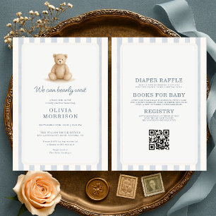 Invitación Oso de peluche todo en uno niño azul rayas baby sh
