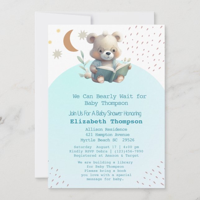 Invitación Oso de peluche trae Baby Shower un libro (Anverso)