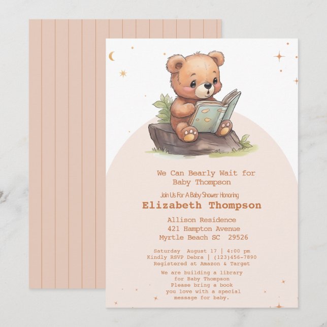 Invitación Oso de peluche trae Baby Shower un libro (Anverso / Reverso)