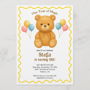 Invitación Oso de peluche Un año de magia Primer cumpleaños 