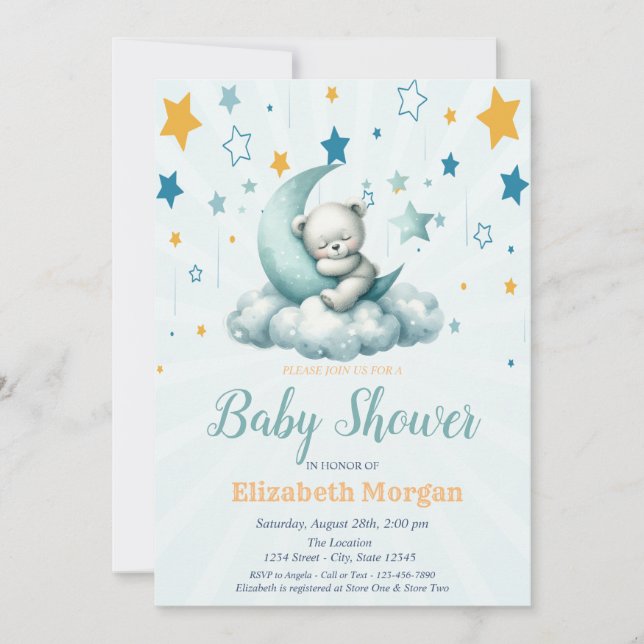 Invitación Oso de peluche verde, Baby Shower de Stars Cloud M (Anverso)