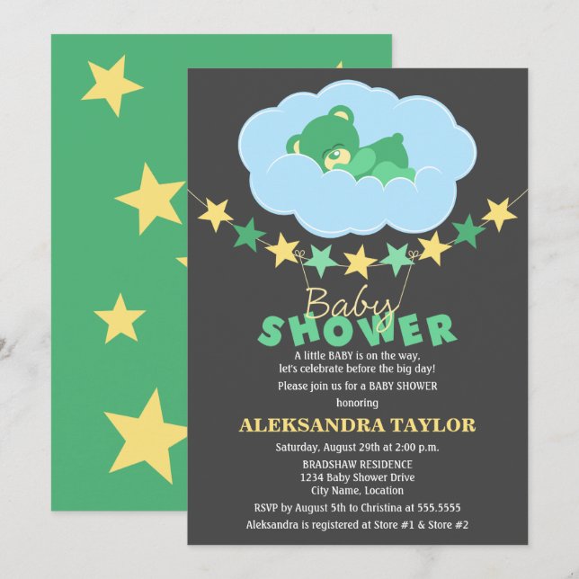 Invitación Oso de peluche verde durmiente en Baby Shower en n (Anverso / Reverso)