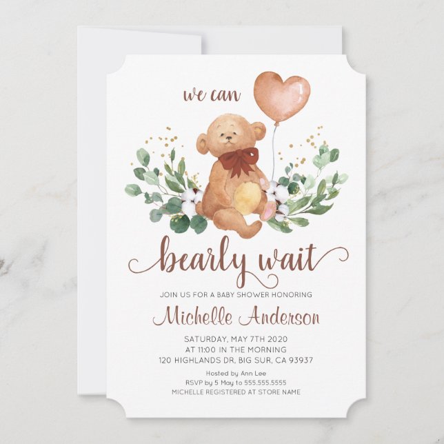 Invitación Oso de peluche verde Esperando con ansias Baby Sho (Anverso)