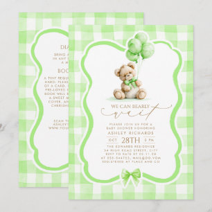 Invitación Oso de peluche verde gingham baby shower todo en u