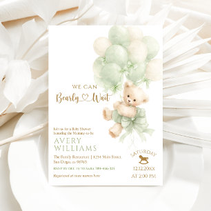 Invitación Oso de peluche verde globo lazo neutral bautizo