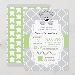 Invitación Oso de peluche verde y gris Baby Shower