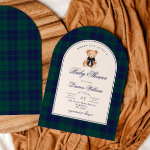 Invitación Oso de peluche vintage Plaid Naval Elegante Baby S