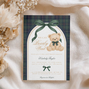 Invitación Oso de peluche vintage Polo de cuadros verdes Baby