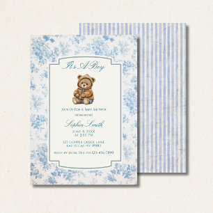 Invitación Oso de peluche vintage, Toile francesa floral azul