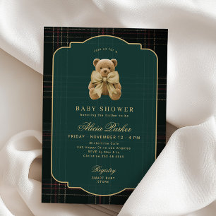 Invitación Oso de peluche vintage verde oscuro dorado baby sh