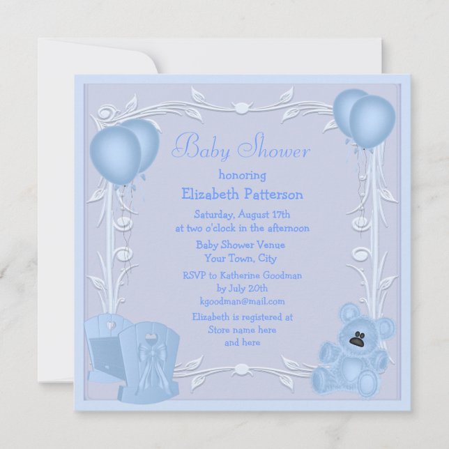 Invitación Oso de peluche y cuna azul invitan a Baby Shower (Anverso)