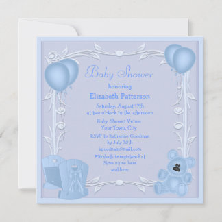 Invitación Oso de peluche y cuna azul invitan a Baby Shower