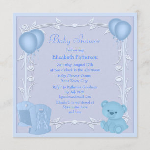 Invitación Oso de peluche y cuna azul invitan a Baby Shower