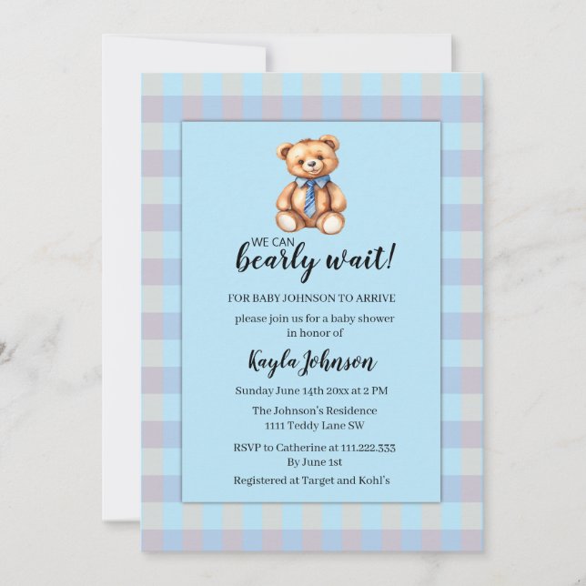 Invitación Oso de peluche y fiesta de bebé de cuadros de ging (Anverso)