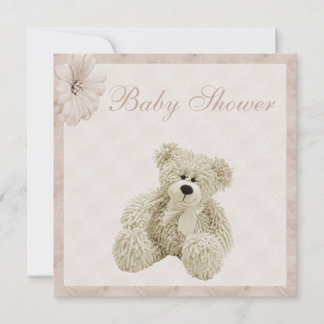 Invitación Oso de peluche y flores Baby Shower neutro (Anverso)