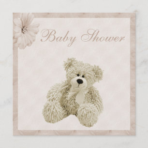 Invitación Oso de peluche y flores Baby Shower neutro