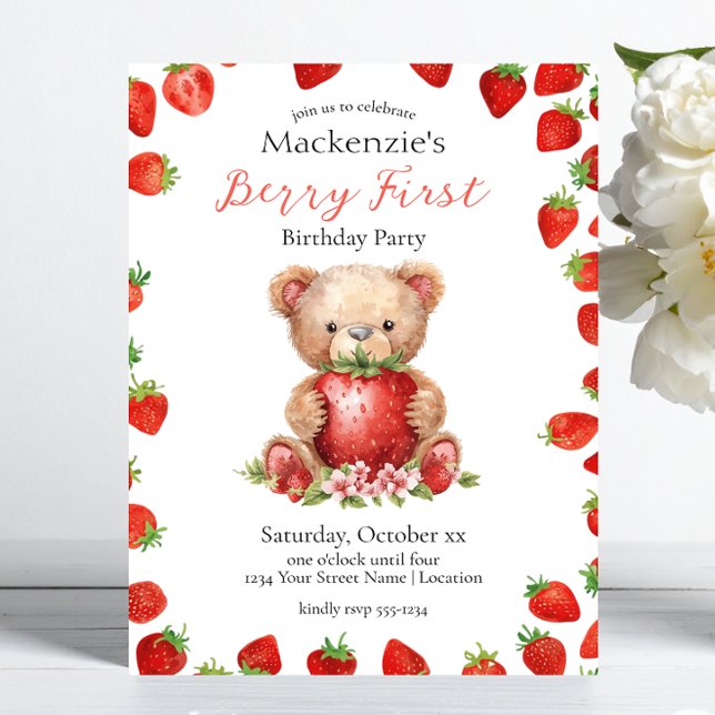 Invitación Oso de peluche y fresa cumpleaños número uno (Subido por el creador)